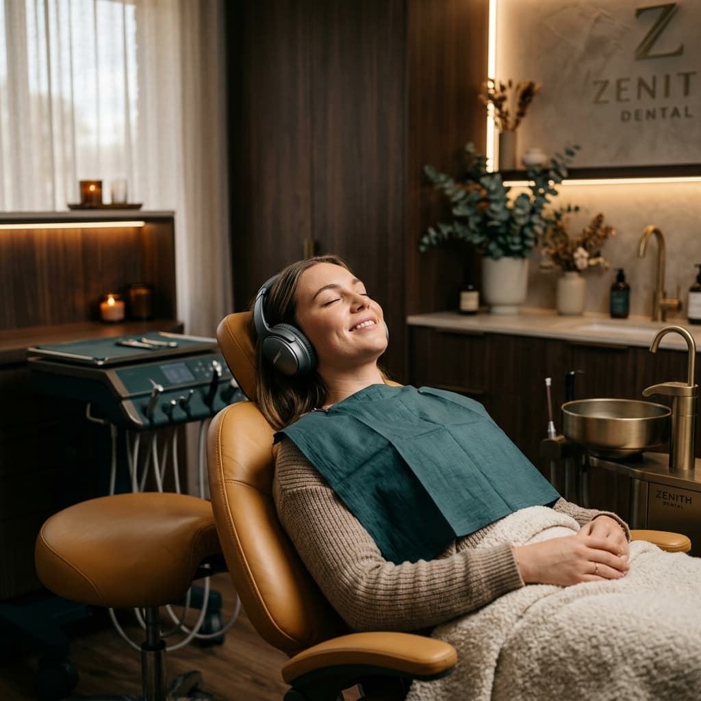 Relaxed dental patient with noise-canceling headphones